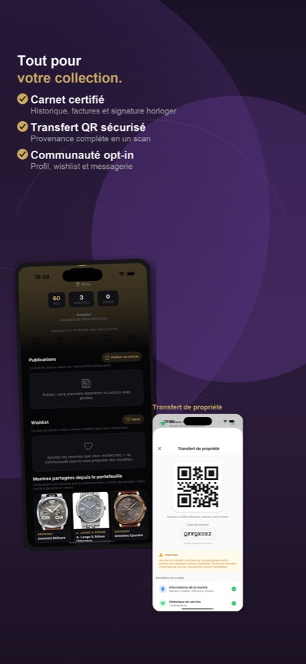 Watch Passport — communauté et transfert QR sécurisé
