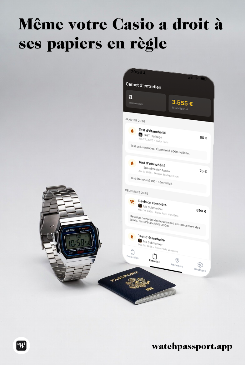 Watch Passport campaign - Even your Casio deserves proper papers, Casio watch with digital maintenance log app and passport