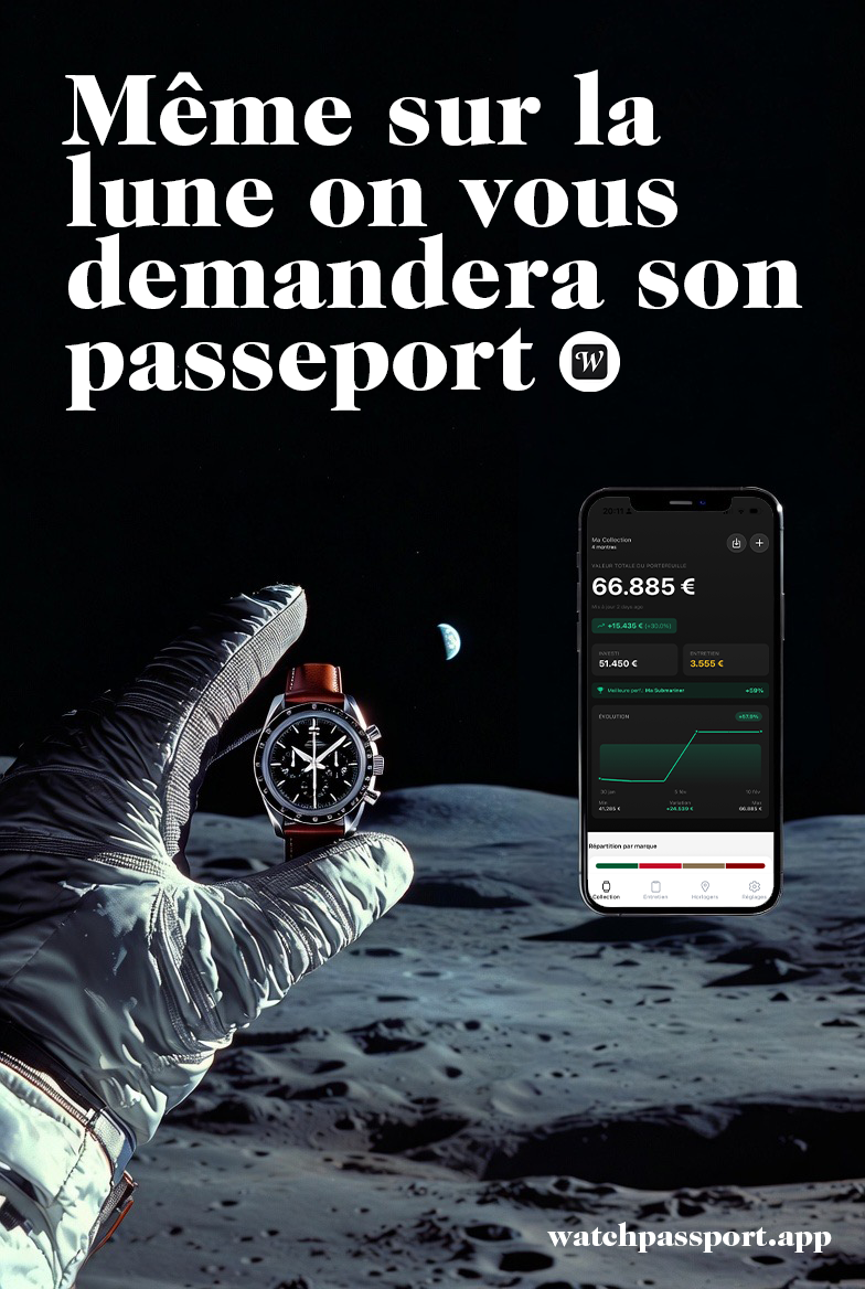 Watch Passport campaign - Astronaut on the moon holding a luxury watch with the Watch Passport collection tracking app on smartphone