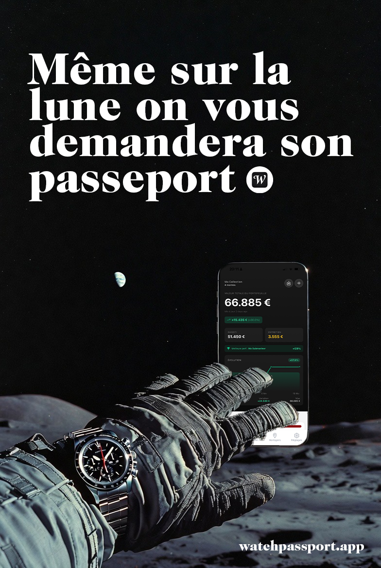 Watch Passport campaign - Astronaut on the moon with chronograph and Watch Passport portfolio tracker app on phone